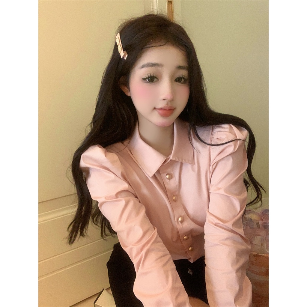 Áo Sơ Mi Tay Dài Phồng Màu Hồng Phong Cách Pháp Thời Trang Mùa Thu Cho Nữ