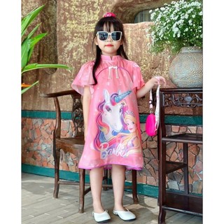 Váy lụa cổ sườn sám in ngựa pony cho bé siêu xinh