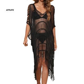 Ayyufe bộ đồ bơi bikini cổ chữ v khoét sâu phối tua rua xuyên thấu màu trơn chống nắng cho nữ