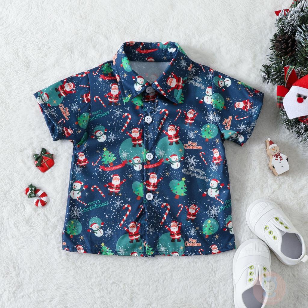 Laa6-bộ Áo Sơ Mi Ngắn Tay Cổ Bẻ In Họa Tiết Ông Già Noel + Quần short Màu Trơn Cho Bé Trai
