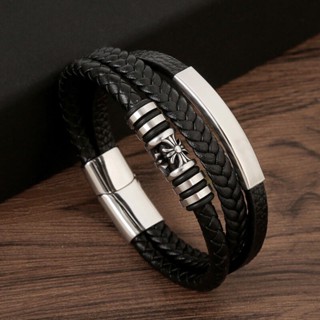 Vòng Tay Da Nhiều Lớp Khóa Nam Châm Mặt Thánh Giá Bằng Thép Không Gỉ Phong Cách retro Cho Nam