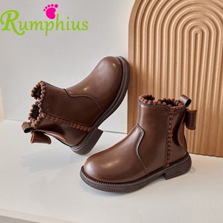 Rumphius Bốt martin Cổ Thấp Đế Mềm Cột Nơ Bằng Da Giữ Nhiệt Thoải Mái size 23-36 Cho Bé Gái