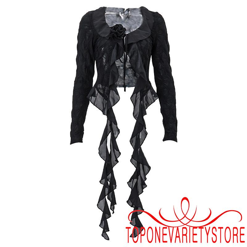 Áo Croptop Lưới Tay Dài Cổ Chữ v Màu Đen Thời Trang Cho Nữ