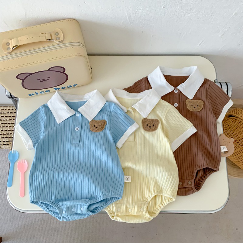 Bộ Áo Liền Quần Bằng cotton Tay Ngắn Có Cổ In Hình Gấu Hoạt Hình Phong Cách Hàn Quốc Thời Trang Cho Bé Trai Và Gái 0-2