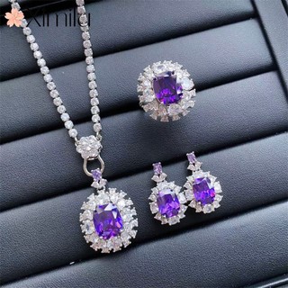 ❤ bộ trang sức gồm dây chuyền / bông tai / nhẫn / nhẫn mở đính đá thạch anh tím sang trọng cho nữ