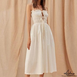 Ldd-nữ Mùa Hè Slip Dress Màu Trơn Thắt Lưng Mặt Trước Spaghetti Dây Đeo Ruched Midi Chữ A