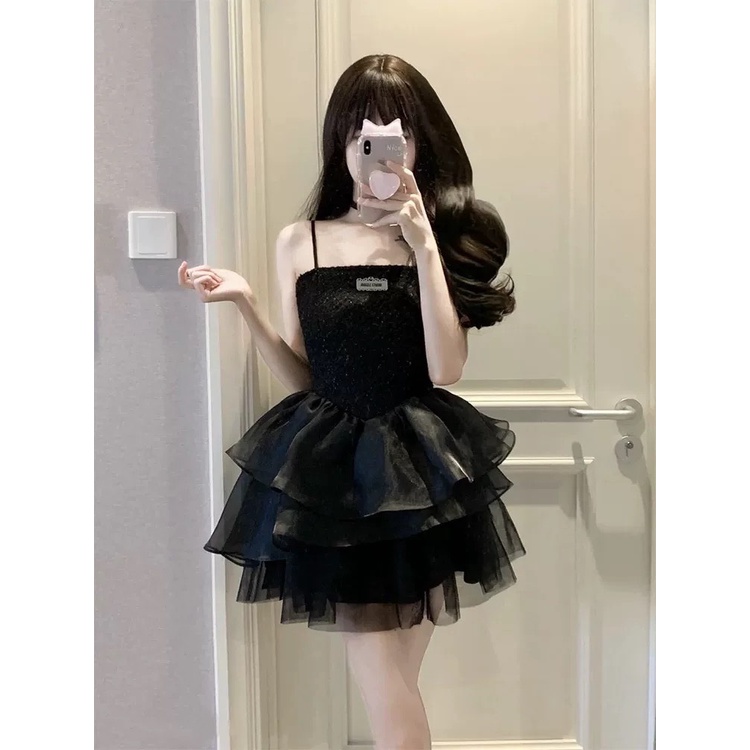SET ĐẦM 2S DẠ ĐEN PHỐI VOAN TẦNG +KHOÁC CROPTOP DẠ VIỀN TRẮNG