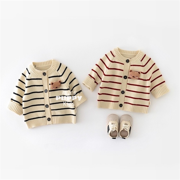 (AK205) (7-12kg) Áo khoác len Gấu, kẻ ngang, Dệt sợi len cotton baby, Thu Đông (Puppy Kids) Cardigan
