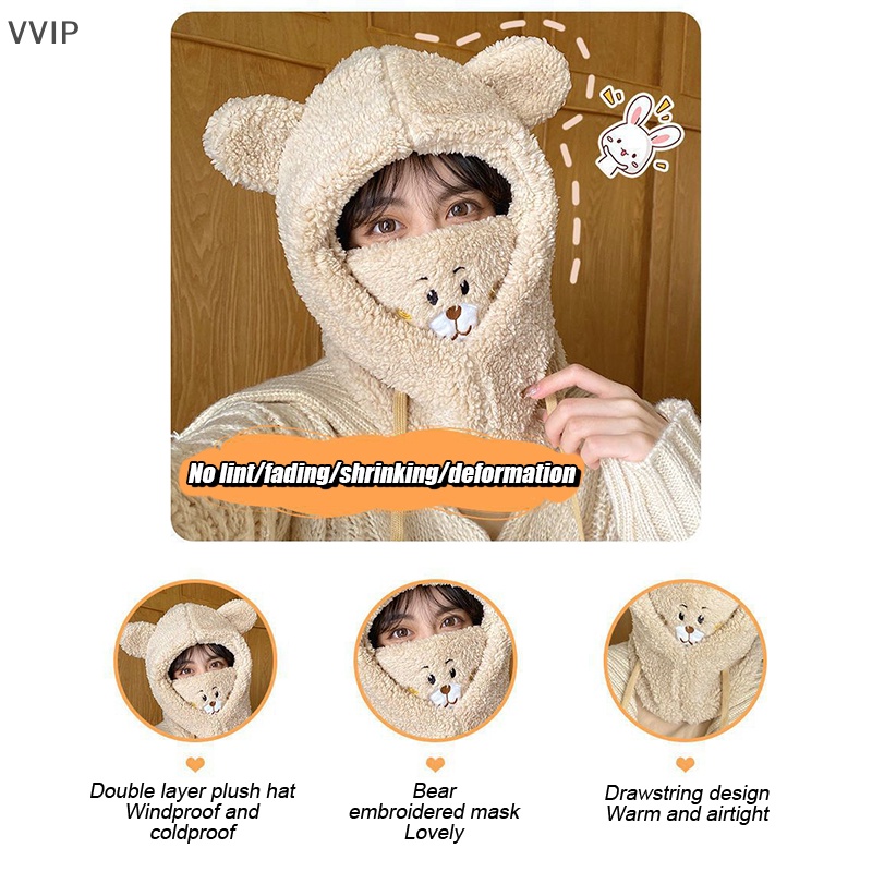 Mũ Lông Cừu Kèm Khăn Choàng Cổ Hình Gấu Dễ Thương Giữ Ấm Mùa Đông Cho Nữ