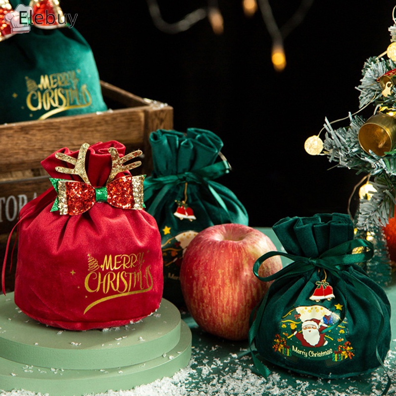 Túi Nhung Dây Rút Đựng Quà Giáng Sinh / Năm Mới Có Tay Cầm Hình Ông Già Noel