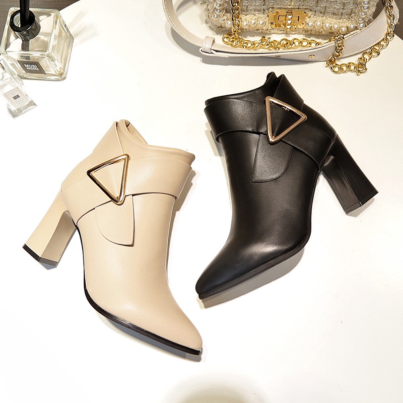 Giày Bốt Cao Gót Mũi Nhọn Có Khóa Kéo Kim Loại Trang Trí Mới Cho Nữ