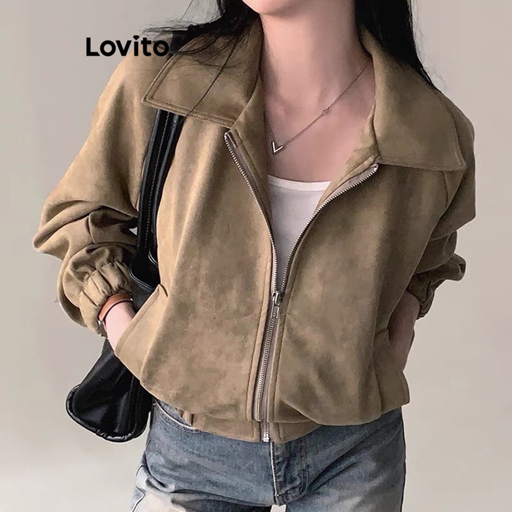 Lovito Áo khoác dây kéo trơn thông thường cho nữ LNE30129 (Màu nâu)