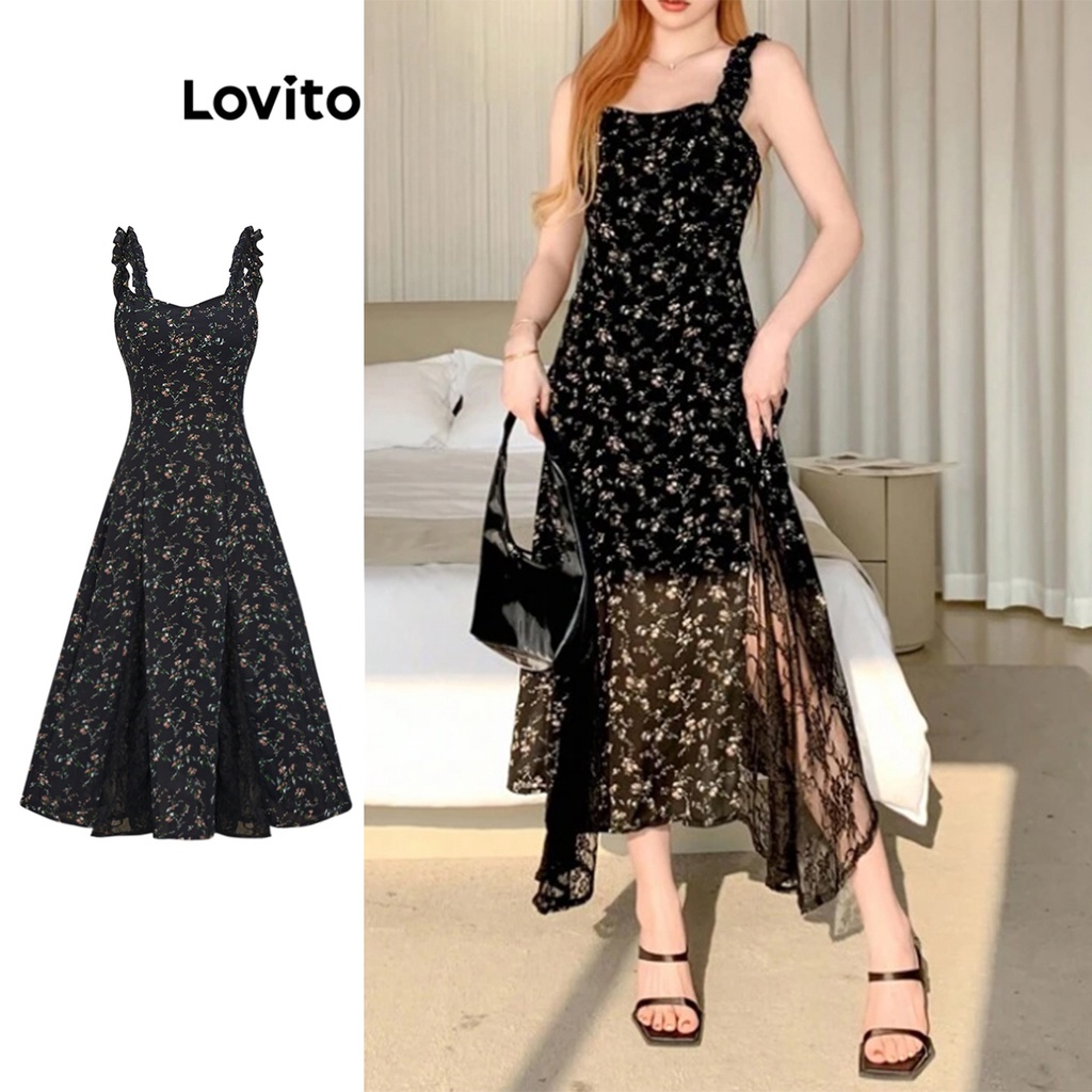 Đầm Lovito xếp nếp phối ren hoa nhí thường ngày cho nữ L65ED130 (màu đen)