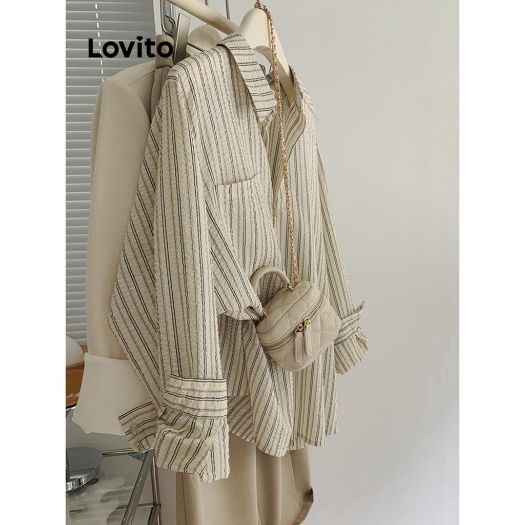 Lovito Áo sọc cài nút thông thường cho nữ LNL38037 (Quả mơ)