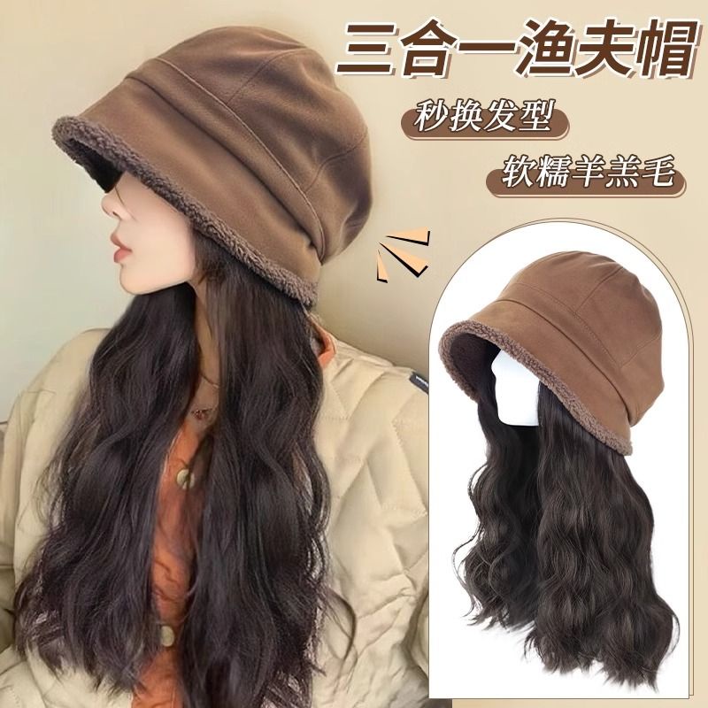 Mới Mũ beret Phối Tóc Giả Dài Xoăn Tự Nhiên Thời Trang Thu Đông Cho Nữ