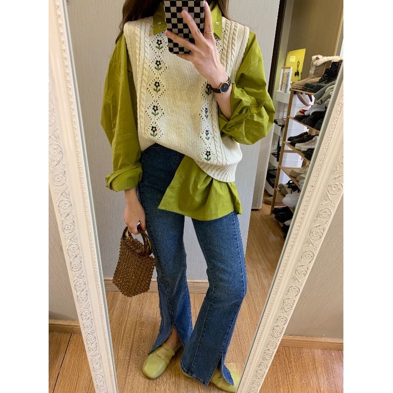 Set Áo Sơ Mi Tay Dài + Áo Len Không Tay Phong Cách Hàn Quốc Thời Trang Xuân Thu Hàng Mới Dành Cho Bạn Nữ