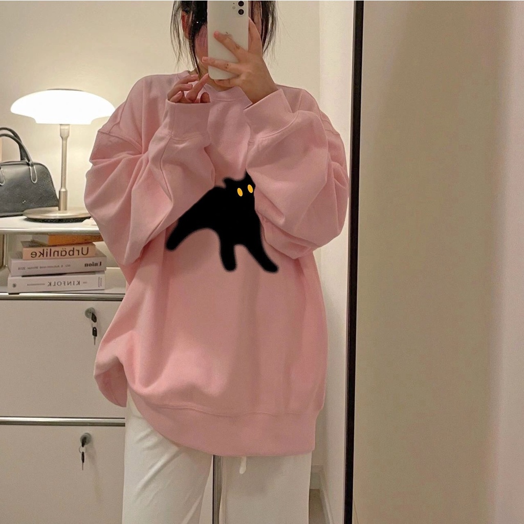 Áo sweater Tay Dài Dáng Rộng In Hình Mèo Đơn Giản Thời Trang Thu Đông Cho Nữ