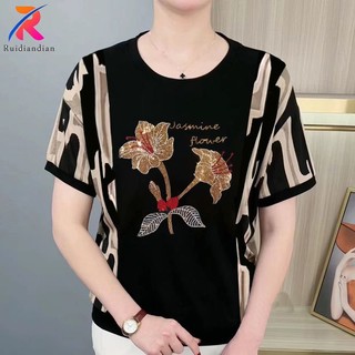 Áo Thun Ngắn Tay Cổ Tròn Đính Đá Thời Trang Cho Nữ