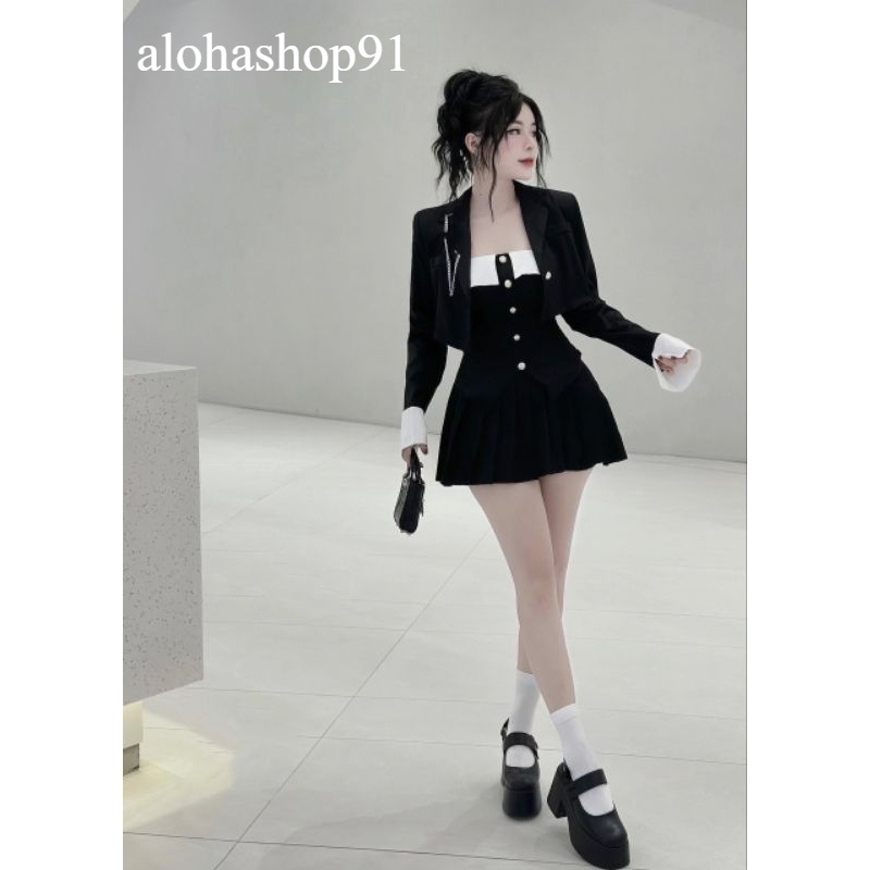 Sét 3 Món Áo Quây + Chân Váy + Áo Khoác.Chất Dày Dặn Đẹp alohashop91