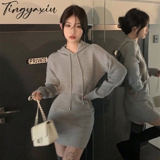 Tingyaxiu Đầm Len Ngắn Ôm Dáng Có Mũ Trùm Màu Trơn Chất Lượng Cao Cho Nữ