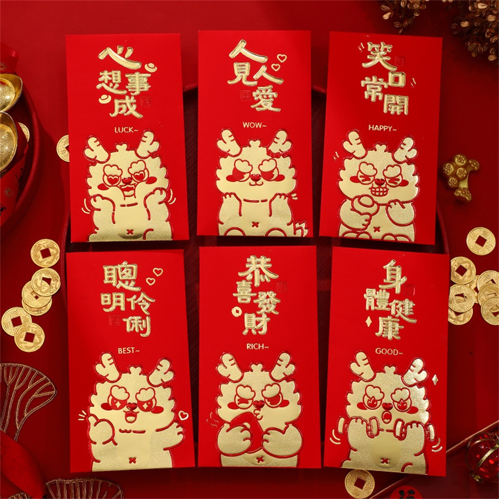 6 Chiếc 2024 Năm Rồng Gel Phong Bì Đỏ Sáng Tạo Hoạt Hình Phong Bì Đỏ Năm Rồng Điềm Lành Dày Chất Lượng Cao Màu đỏ