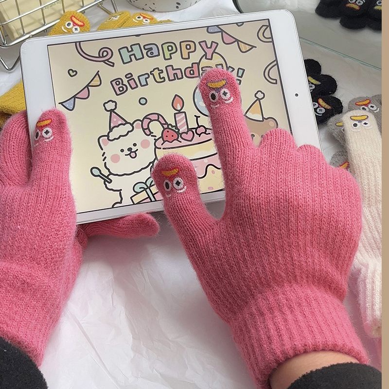 Găng Tay Len Dệt Kim Dày Dặn Giữ Ấm Mùa Đông Họa Tiết Hoạt Hình Dễ Thương Có Thể Dùng Màn Hình Cảm Ứng Dành Cho Nữ