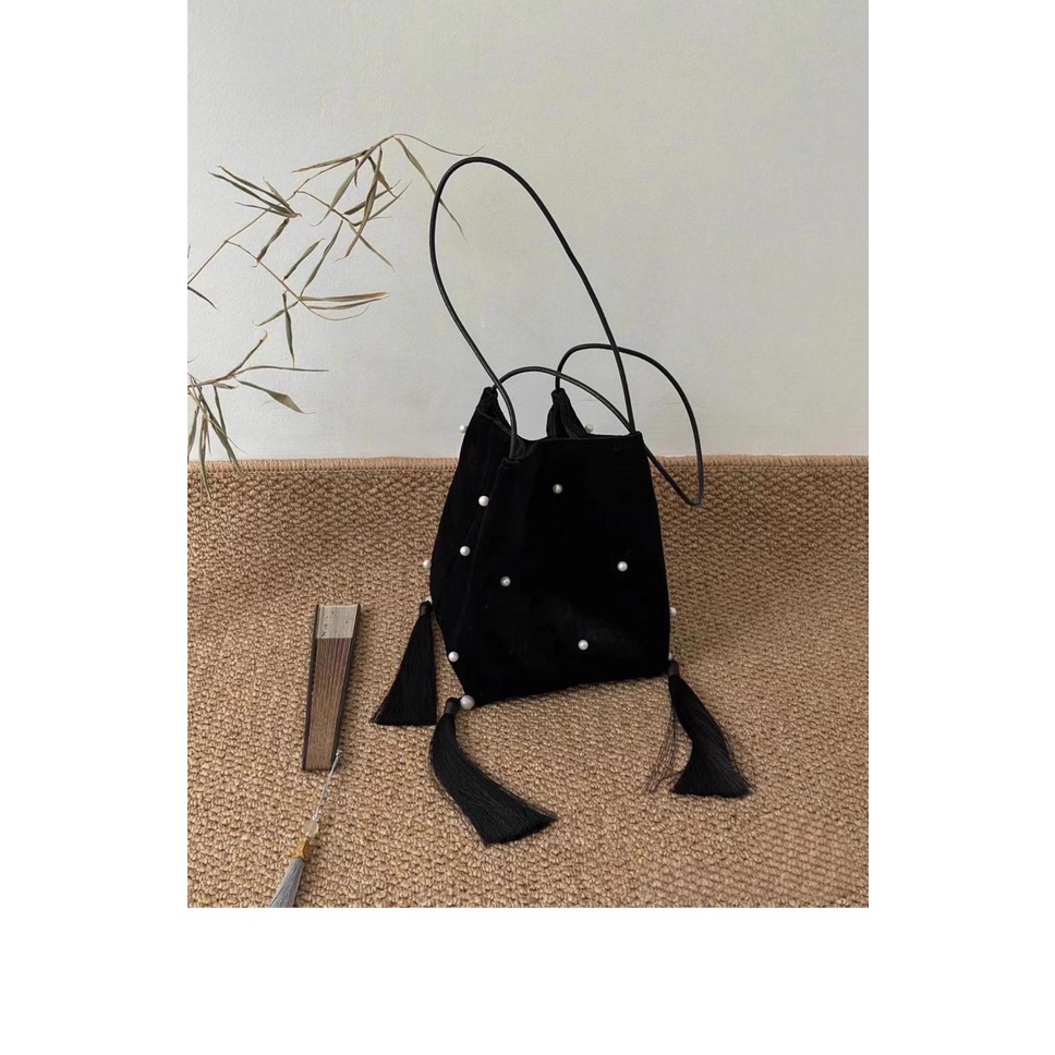 Túi Xách Đeo Vai Đan Len Màu Đen Dung Tích Lớn Phong Cách Trung Hoa Thời Trang Thu Đông Hàng Mới 2023 Dành Cho Bạn Nữ