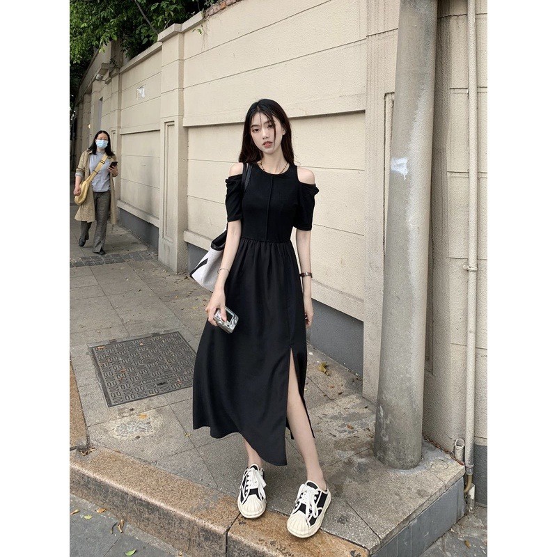 Đầm Chữ A Ngắn Tay Trễ Vai Ôm Eo Phong Cách Hepburn Cho Nữ