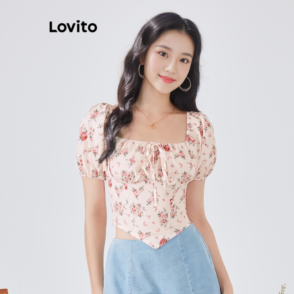 Áo Lovito tay phồng họa tiết hoa L54ED015 (màu hồng)