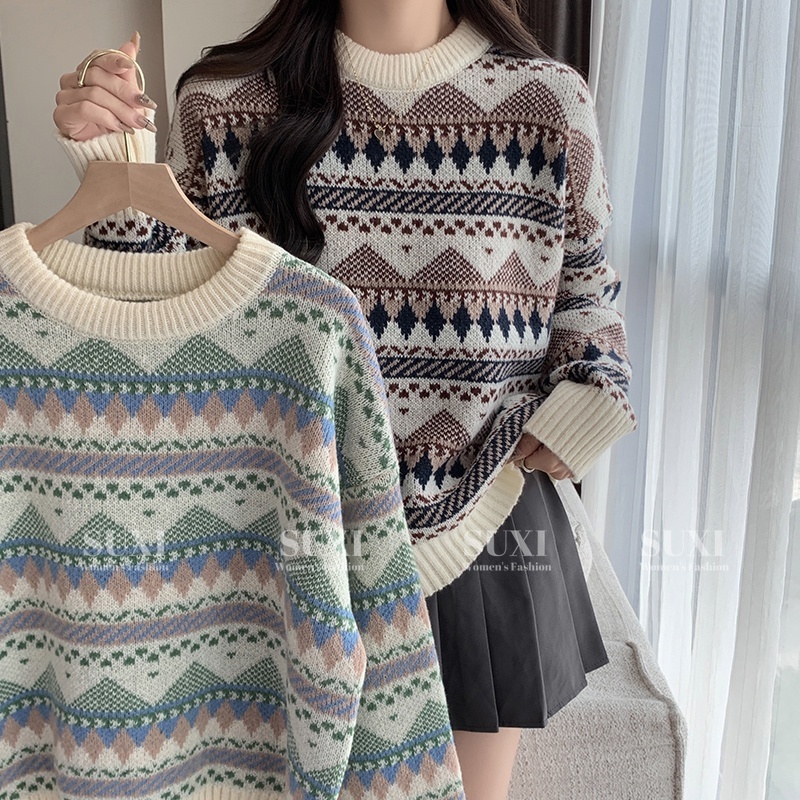 SUXI Áo sweater Dệt Kim Tay Dài Dáng Rộng Vải Mềm Kiểu vintage Thời Trang Thu Đông Cho Nữ