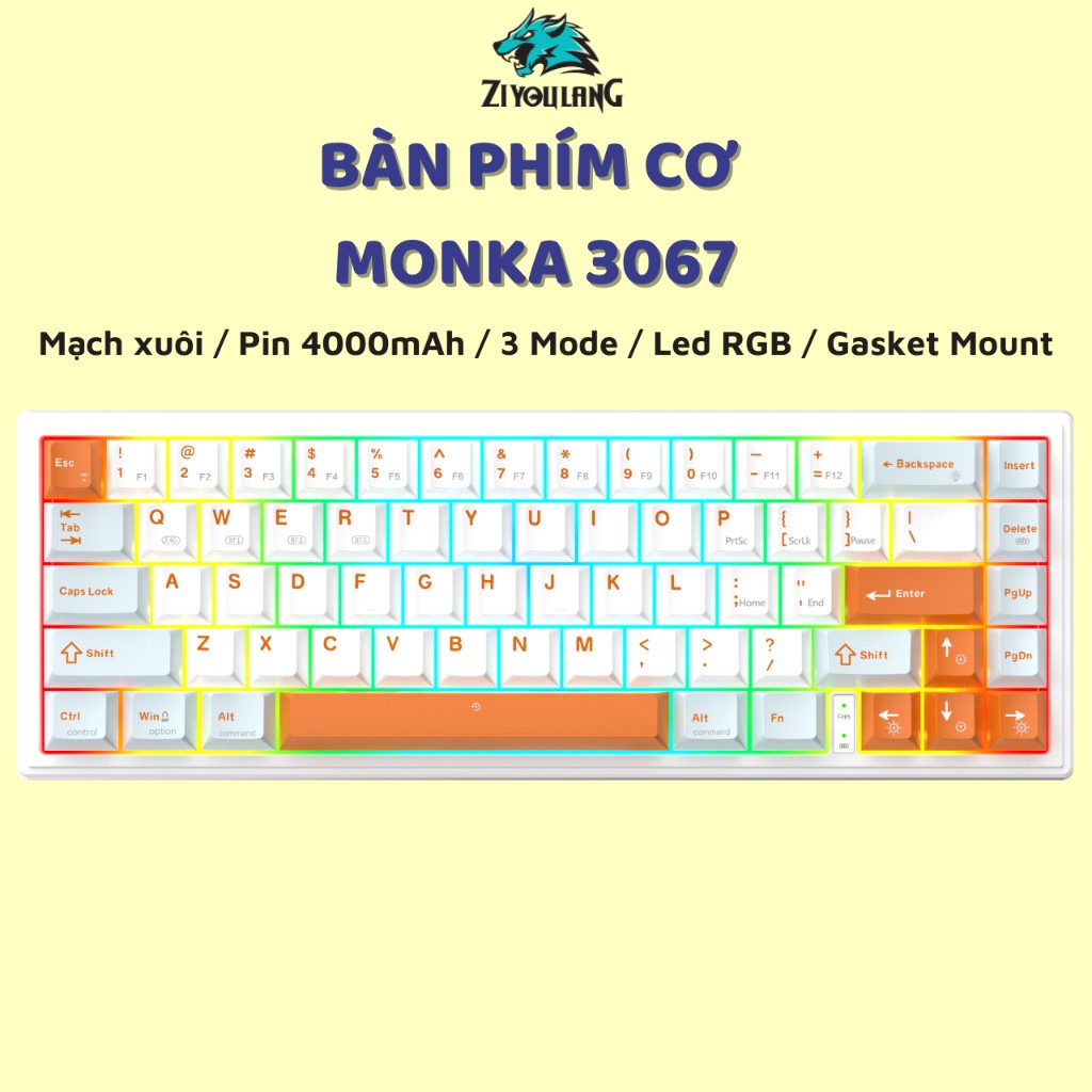 Bàn Phím Cơ Không Dây MONKA 3067 Pro V2 - 3 Mode Kết Nối - Có Hotswap - Mạch xuôi - App tùy chỉnh - LED RGB