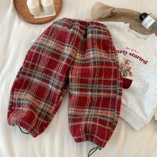  Quần Dài Ống Rộng Lót Lông Cừu Dày Dặn Họa Tiết Sọc Caro Đỏ Mừng Năm Mới Thời Trang Thu Đông Cho Bé Trai Và Gái 