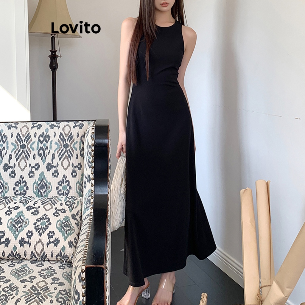 Đầm Lovito hở lưng màu trơn thường ngày cho nữ LNA21062