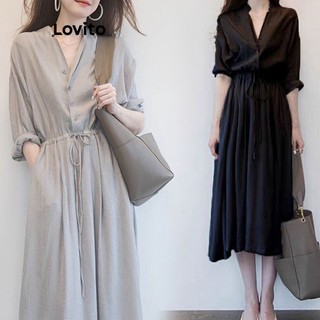 Đầm maxi Lovito cổ chữ V cài nút màu trơn thường ngày cho nữ LNA21210