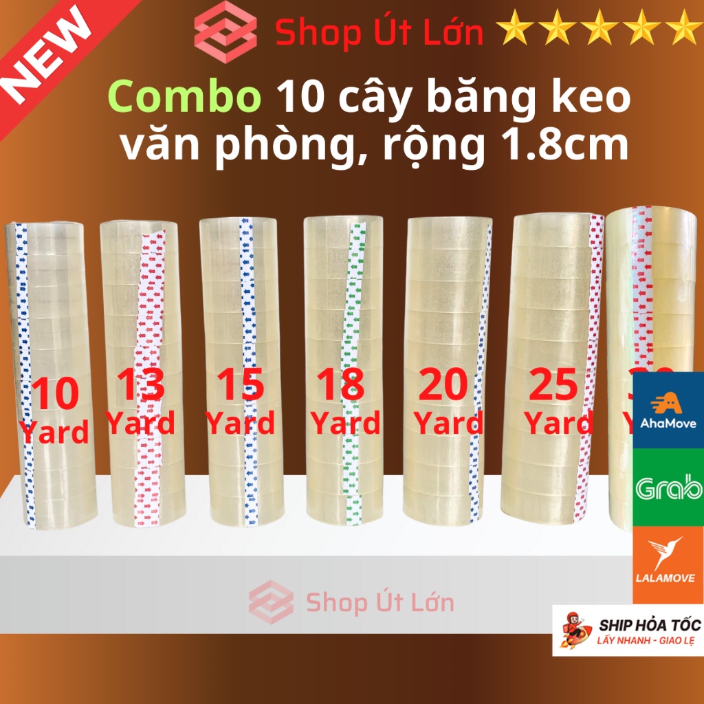 Combo 10 cây băng keo trong văn phòng loại nhỏ, 1 cây 10 cuộn rộng 1.8cm, 10yard-13yard-15yard-18yar