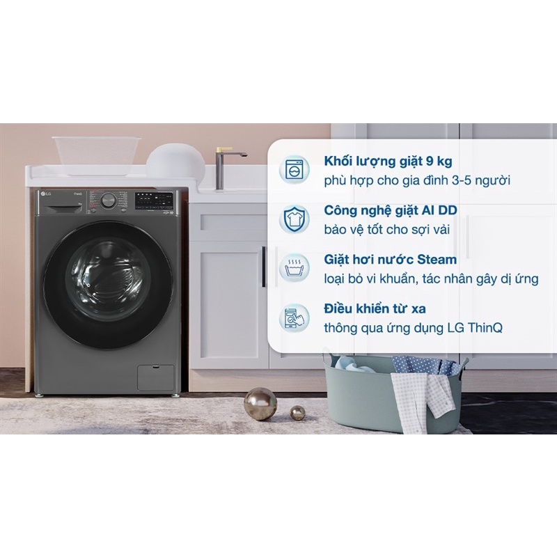 Máy giặt LG AI DD Inverter 9 kg FV1409S4M model mới 2023 - Việt Nam Sản xuất Điện Máy Tồn Kho