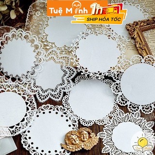 Set 10 tấm giấy ren tròn 10cm cổ điển trang trí sổ Bullet Journal, nắp hộp quà, miếng lót ly STI23