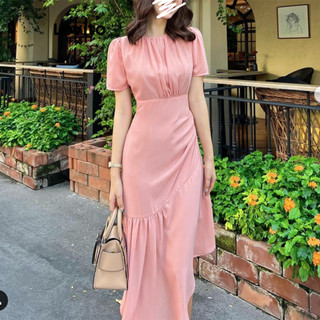 Đầm Lovito màu trơn bất đối xứng diềm xếp nếp phong cách thường ngày dành cho nữ L86ED343