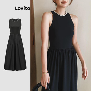 Đầm Lovito màu trơn phối ngọc trai phong cách thanh lịch cho nữ L89ED226
