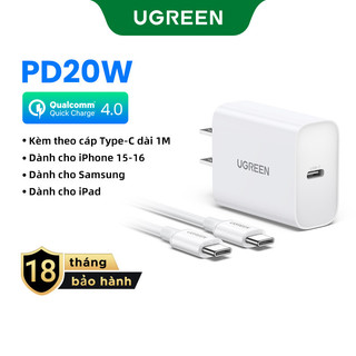  UGREEN PD 20W Bộ sạc USB C Bộ sạc nhanh Bộ sạc tường USB-C Bộ Chuyển Đổi nguồn Tương thích với iPhone 16 Pro Max 