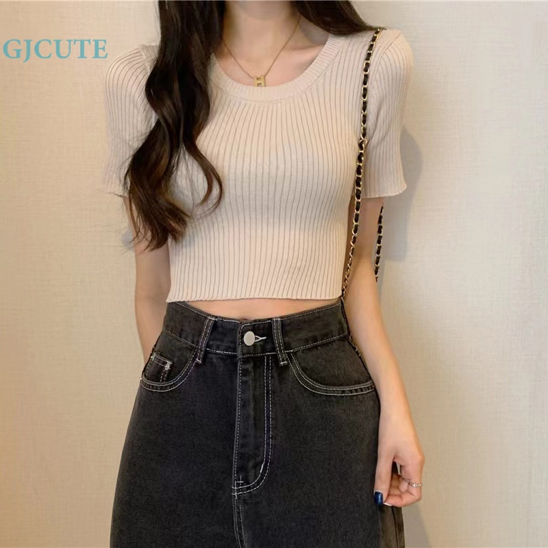 Áo Croptop Dệt Kim Tay Ngắn Cổ Tròn Màu Trơn Thời Trang Mùa Hè Cho Nữ