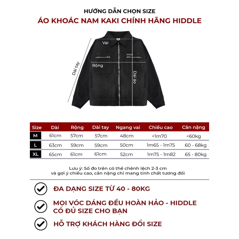 Áo khoác kaki nam cao cấp cổ bẻ kiểu dáng biker 2 lớp màu đen chính hãng HIDDLE | H10-AK3