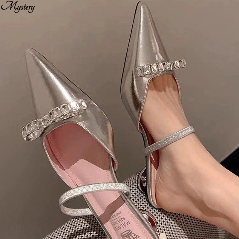 Xăng đan Cao Gót Mũi Nhọn Chất Liệu Da Bóng Màu Hồng Cho Nữ