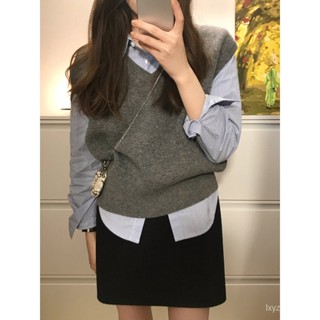 Zara vietnam Áo Sơ Mi Kẻ Sọc Form Rộng + Áo Len Không Tay Phong Cách mori Hàn Quốc Cho Nữ