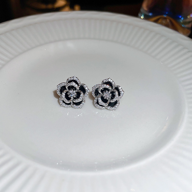 Bông Tai Mạ Bạc Hình Hoa Trà Đính Đá zircon Sang Trọng Thời Trang Cao Cấp