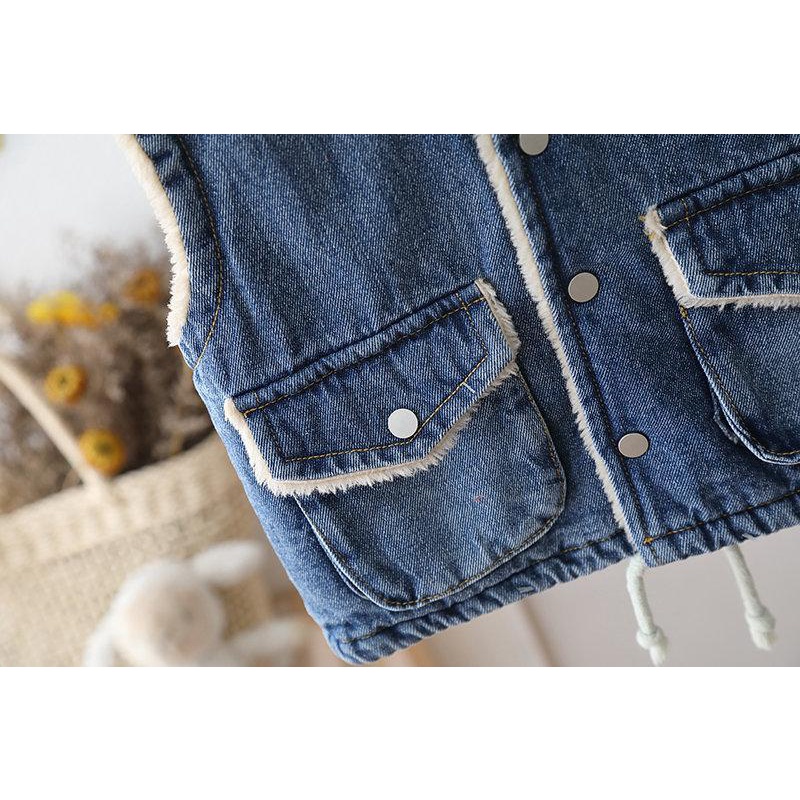 Áo Khoác denim Sát Nách Lót Lông Cừu Dày Dặn Giữ Ấm Mùa Đông Cho Bé Trai