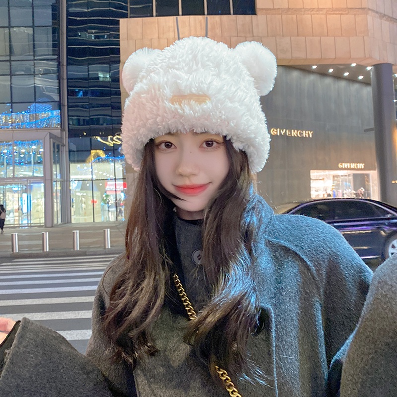 Dễ Thương Mũ Len Dệt Kim Phối Lông Hình Gấu Đáng Yêu Phong Cách Nhật Bản Cho Nữ