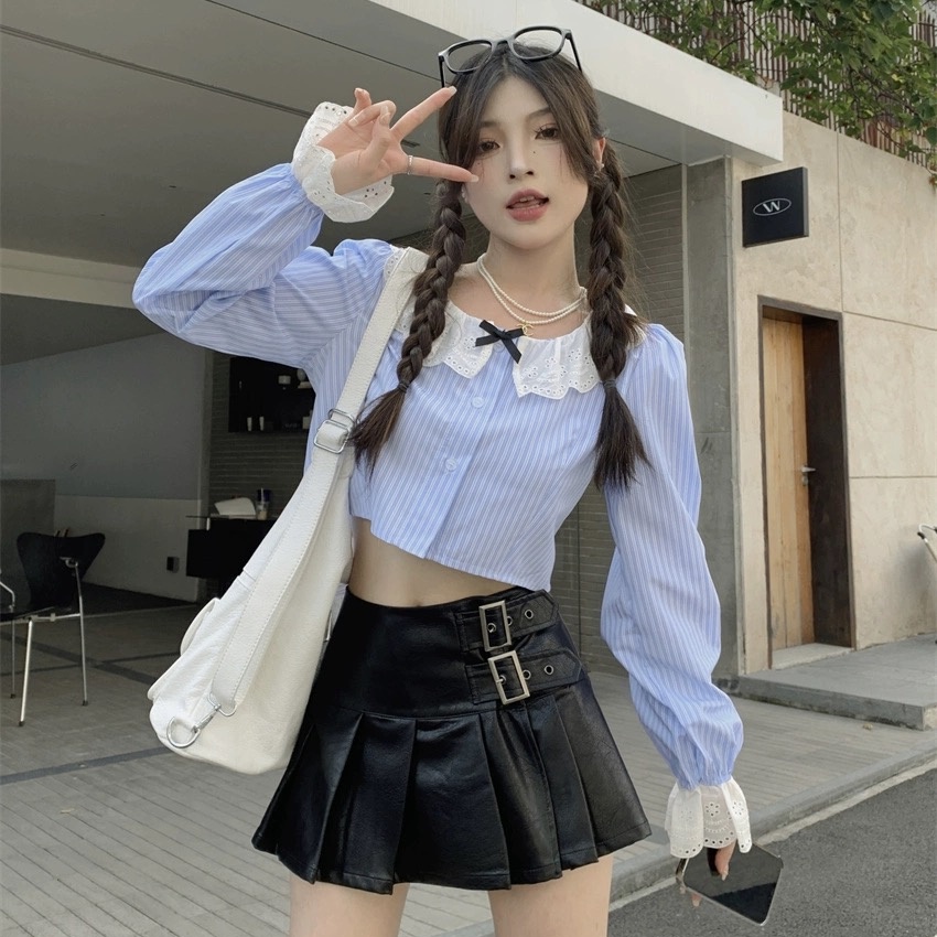 SUXI Áo Sơ Mi Tay Dài Phồng Cổ Thắt Nơ Họa Tiết Kẻ Sọc Thời Trang Cho Nữ