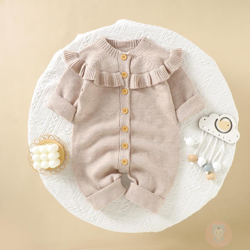 Bộ Áo Liền Quần Dệt Kim Tay Dài Nhún Bèo Màu Sắc Xinh Xắn Cho Bé Gái laa6