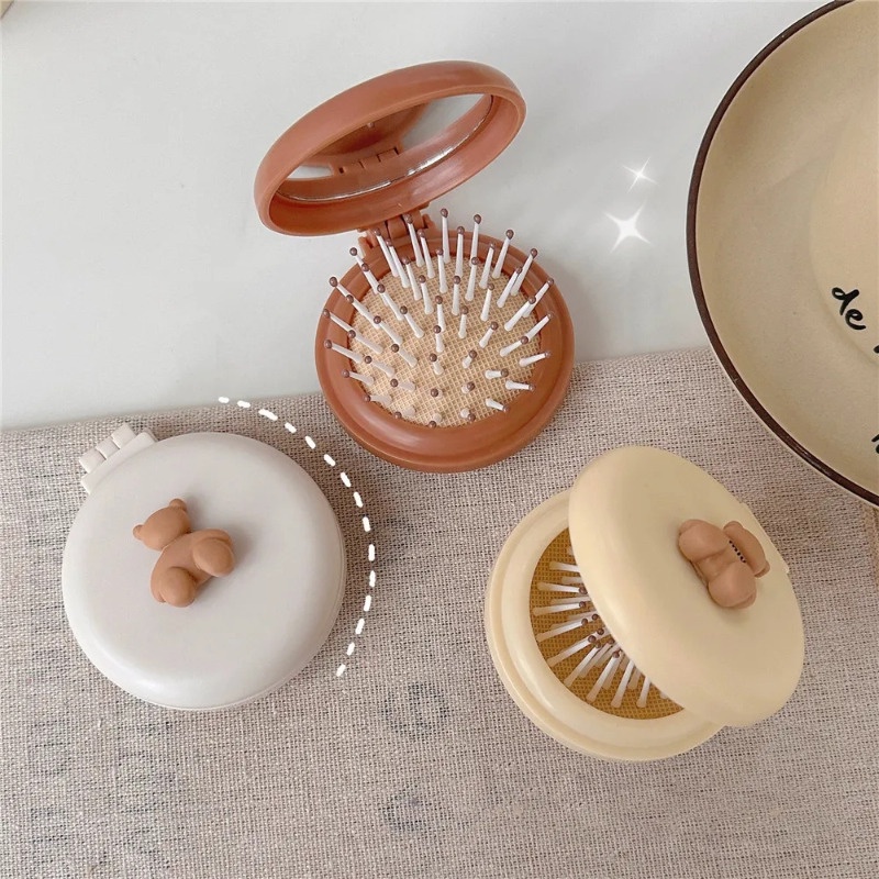 Lược Chải Tóc mini Tích Hợp Gương Tròn Chống Tĩnh Điện Thiết Kế Hình Gấu Hoạt Hình Dễ Thương